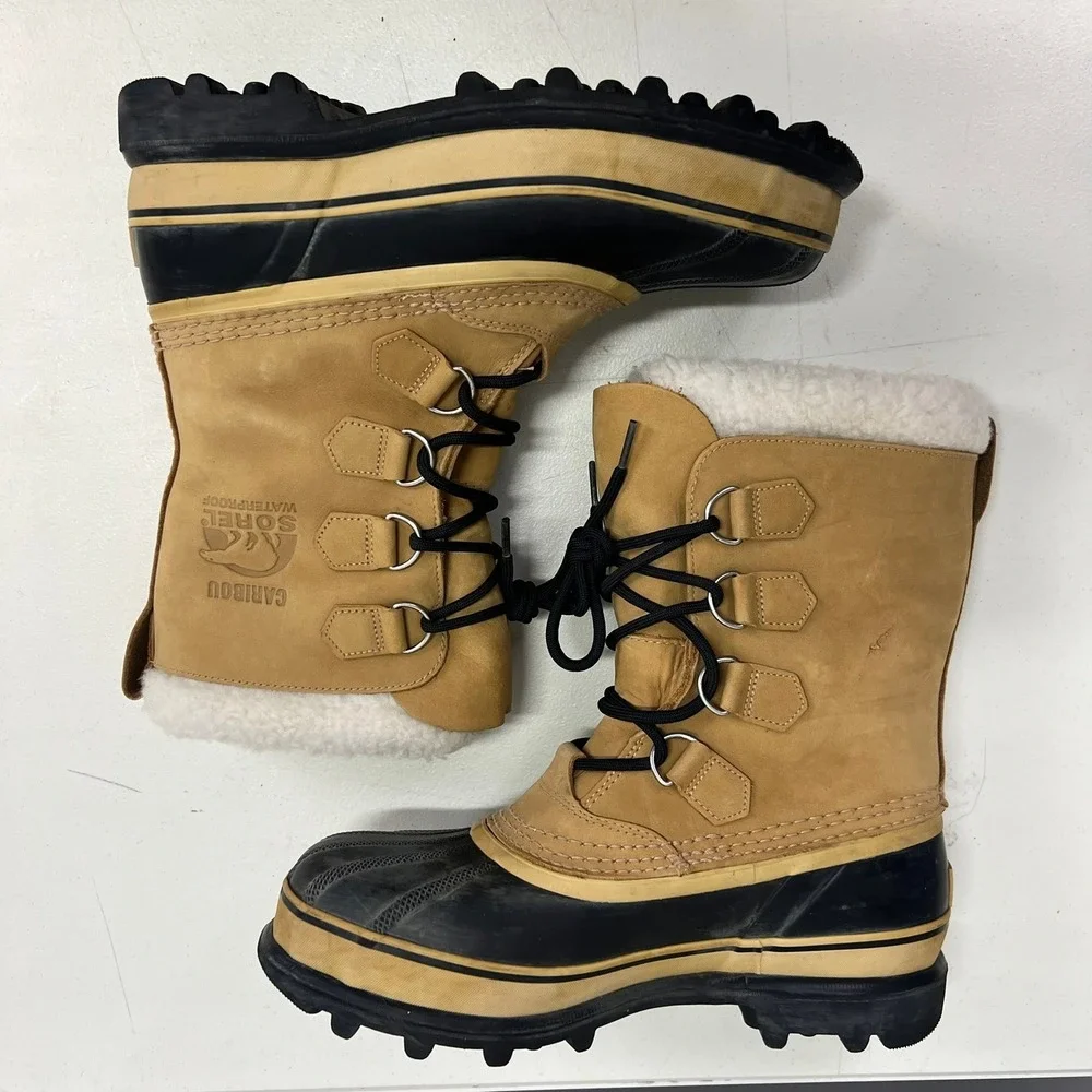 Sorel Caribou II‎ Mens Waterproof Winter Snow Boots Size 7 Tan Black NM1000-281